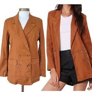 EVEREVE Alexa Double Breasted Linen Blend Jacket Blazer Small Caramel Relaxed